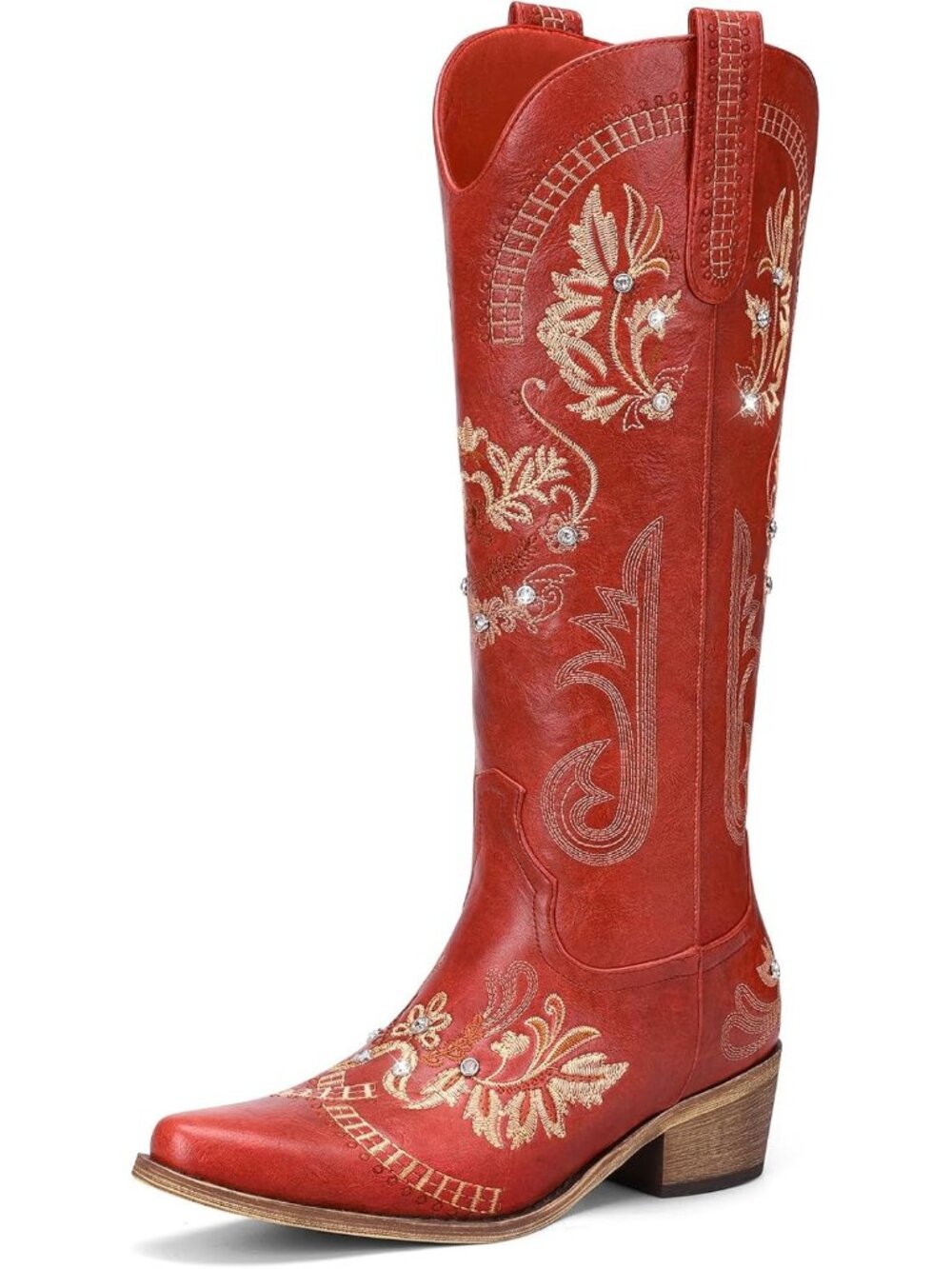 Women's Red Rubber Knee High Western Cowgirl Sparkly Rhinestone Heeled Boots